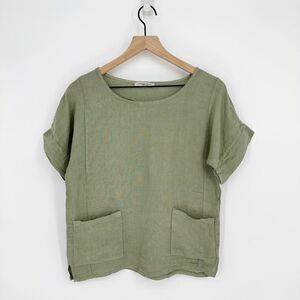 Francesca Bettini Lightweight Linen Boxy Top Short Sleeve Sage Green Women's S